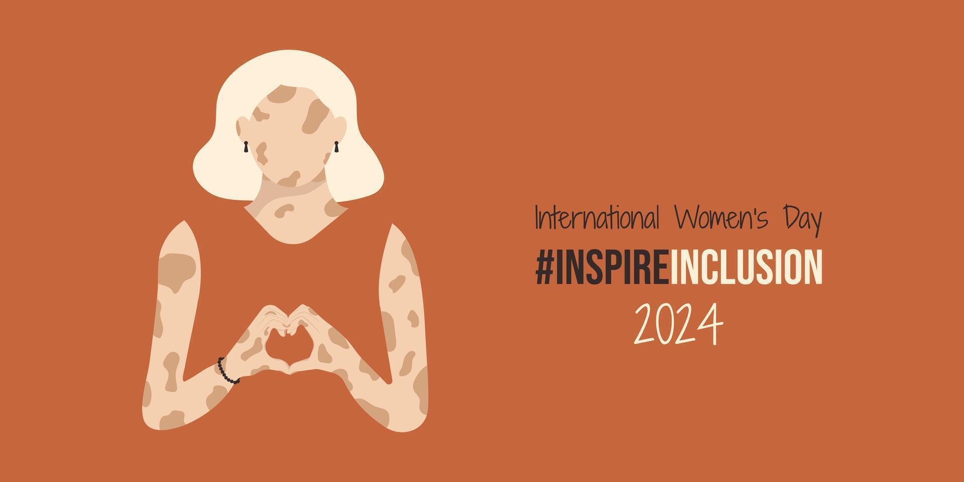 Inspire Inclusion International Women's Day banner. Minimalist illustration with InspireInclusion slogan and girl with vitiligo or depigmentation skin. Woman fold her hands with heart for IWD 2024. vector