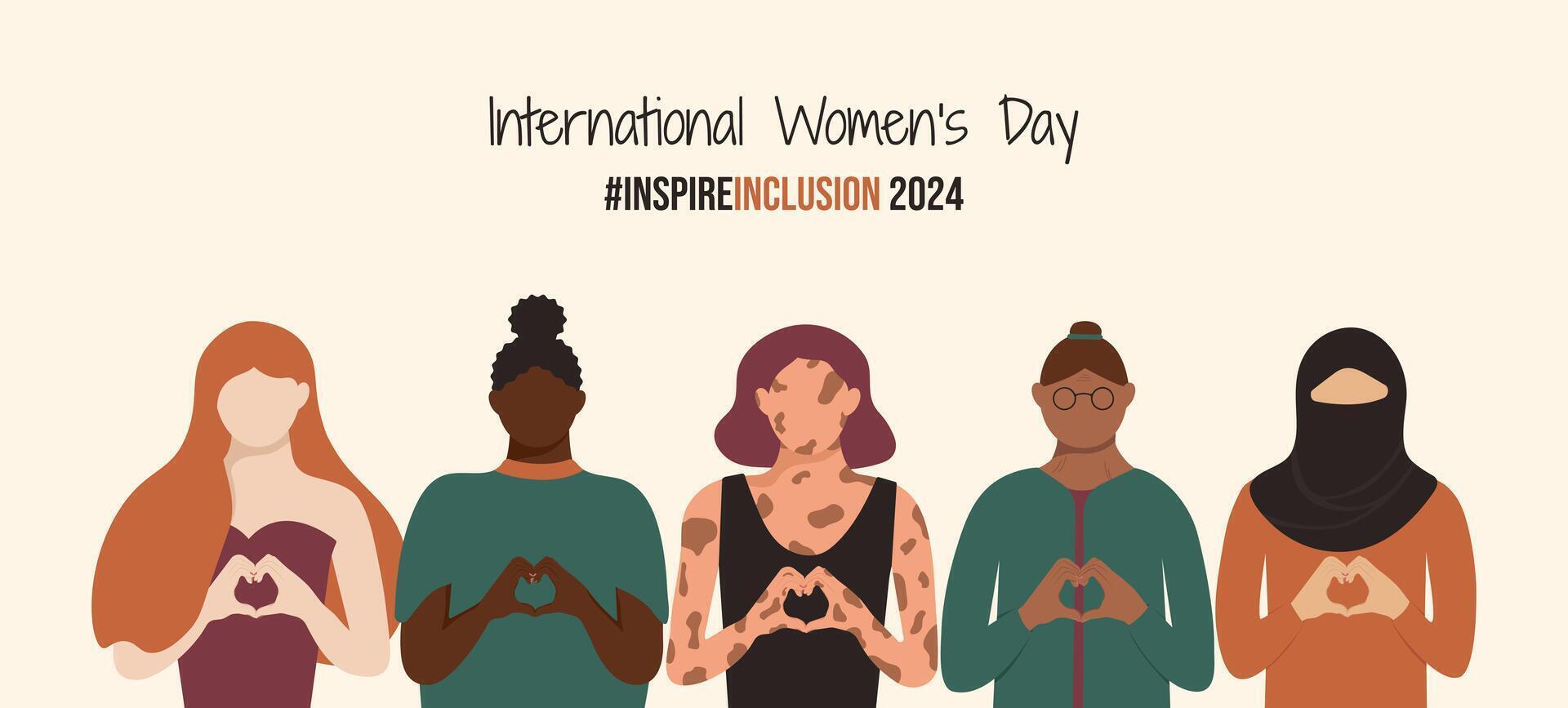 Inspire Inclusion 2024 banner. Diverse physical abilities and ethnicities girls with heart-shaped hands. International Women's Day InspireInclusion slogan. Various religions colors body ages Feminine. vector