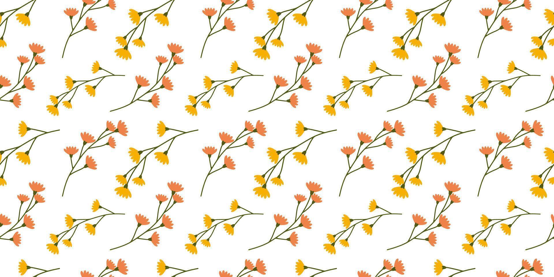Minimalist Floral seamless Pattern in simple cartoon hand drawn style. Simple endless illustration of colorful summer and spring flowers and herbs on white background. Design for women textiles prints vector