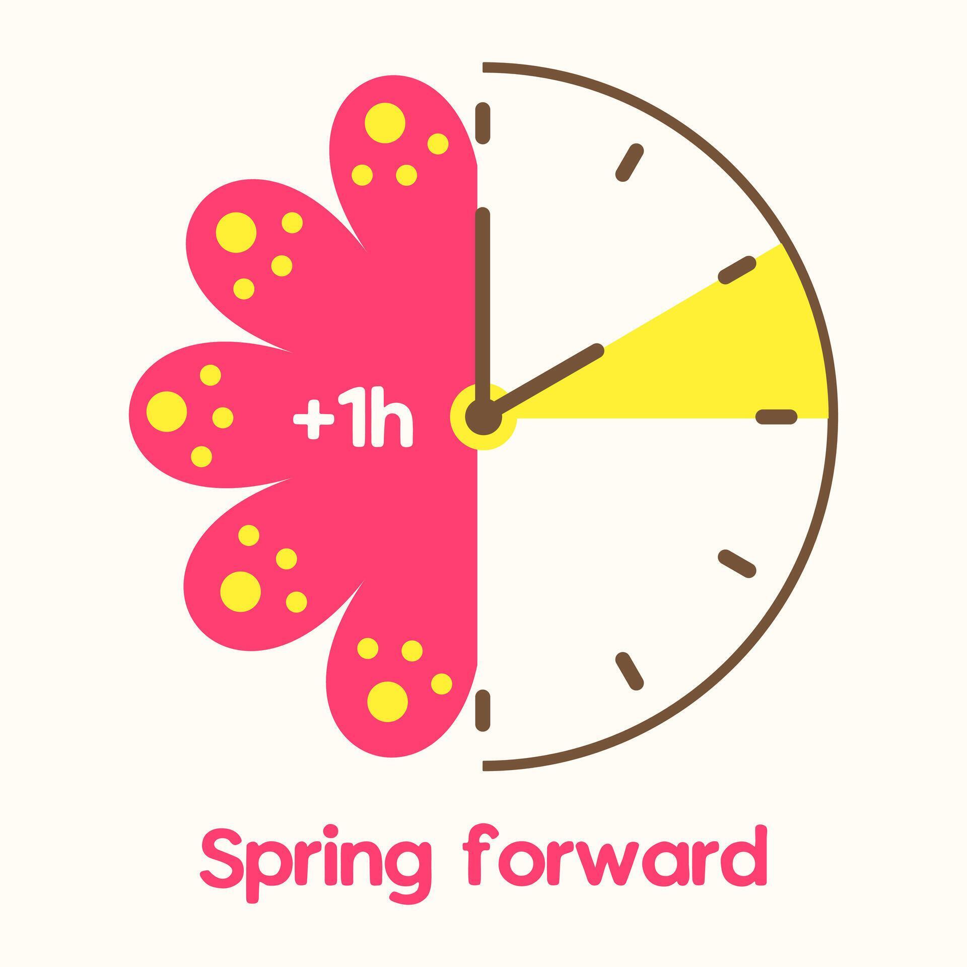 Clock with text Spring Forward. Vector simple illustration to change