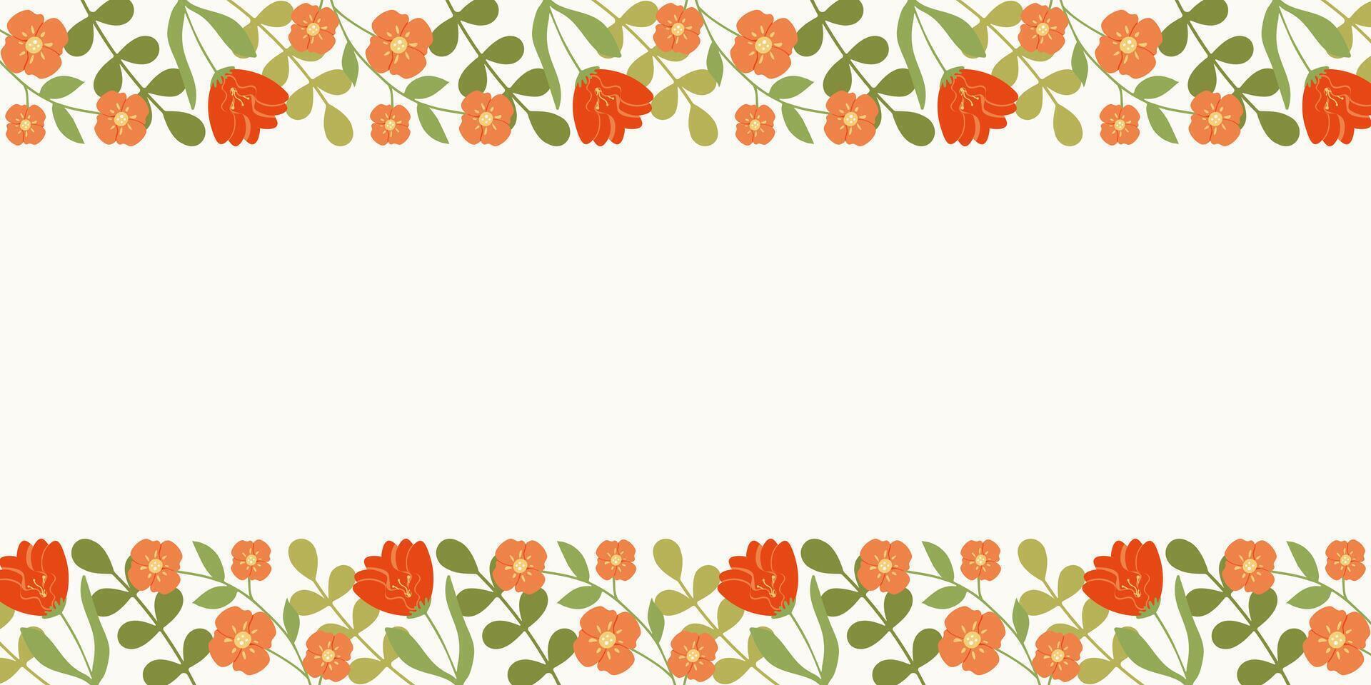 Spring Floral flat style background with copy space. Summer bright Frames of Flowers and leaves backdrop for greeting cards banners. Empty Template for congratulatory inscription Mothers Women Days. vector