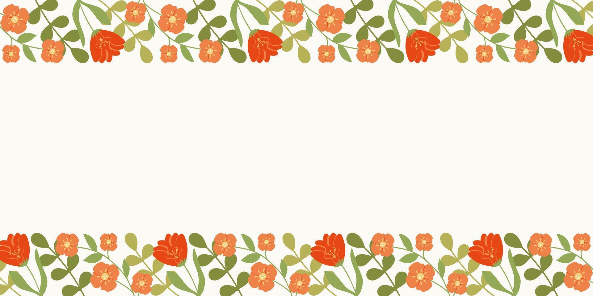 Spring Floral flat style background with copy space. Summer bright Frames of Flowers and leaves backdrop for greeting cards banners. Empty Template for congratulatory inscription Mothers Women Days. vector
