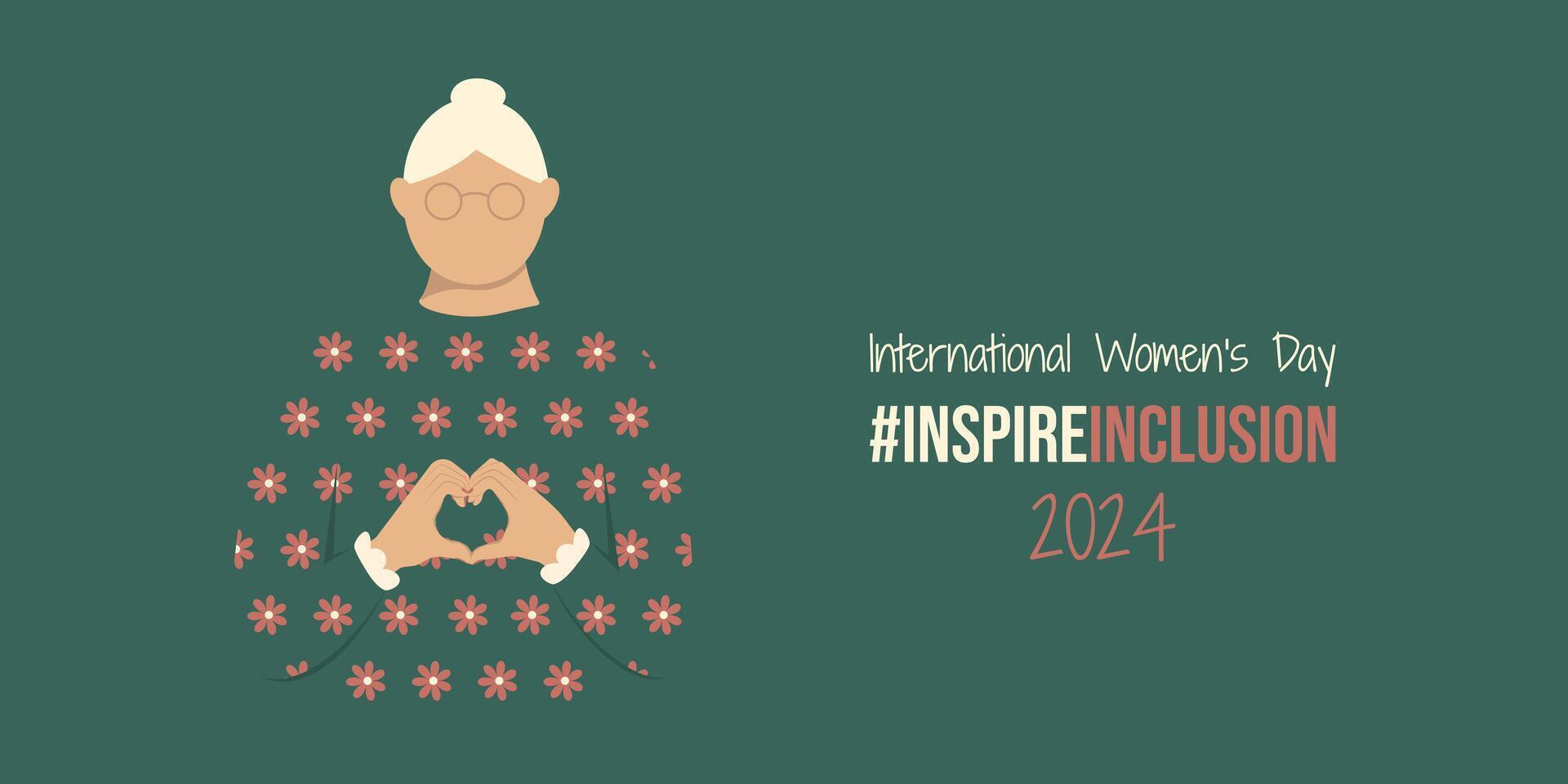 Old lady on International Women's Day 2024 banner. IWD InspireInclusion horizontal design with woman shows Heart Shape with hands. Minimalistic faceless style of Inspire Inclusion social campaign. vector