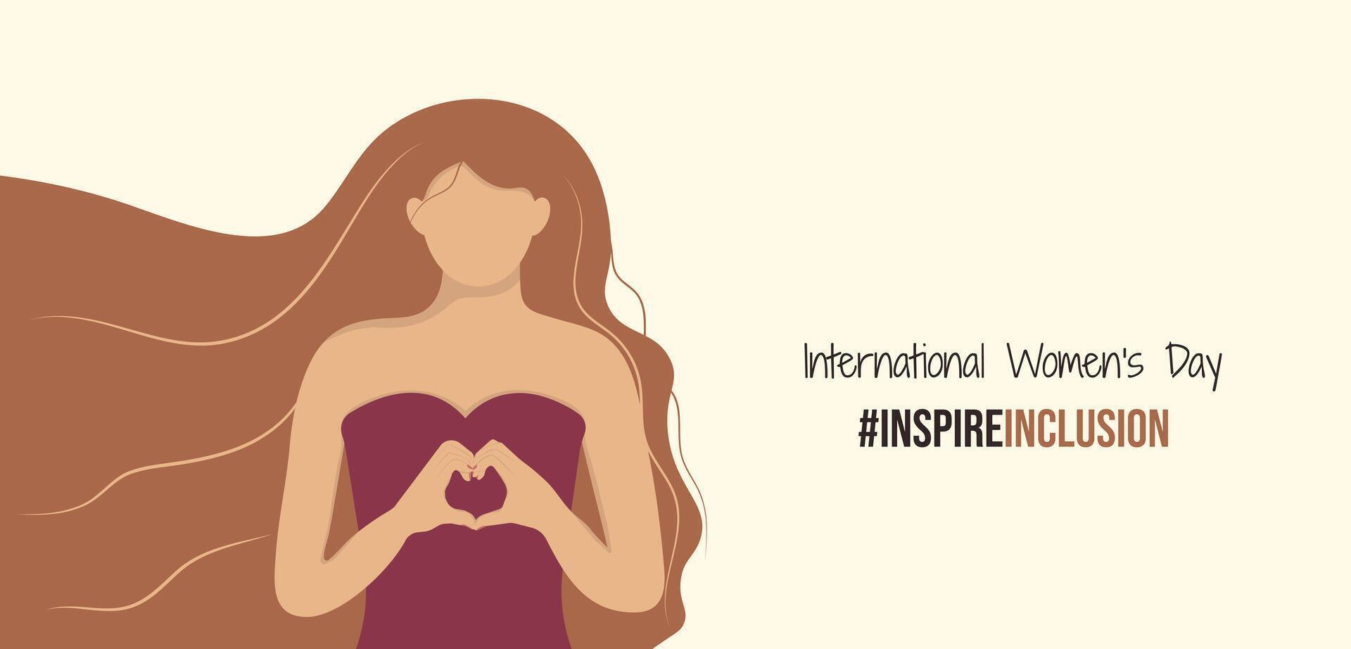 International Women's Day of Inspire Inclusion banner. Woman fold her hands with heart for IWD 2024. Minimalist illustration with InspireInclusion slogan and beautiful girl. vector