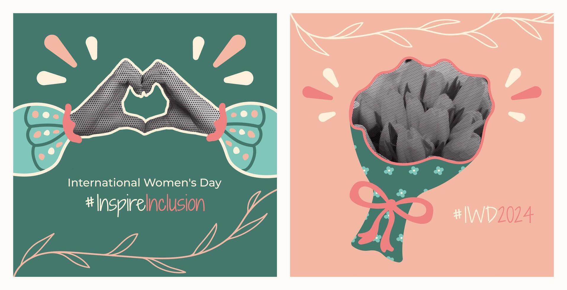 InspireInclusion Halftone Collage poster in 2024. International Women's day postcard with paper cut bouquet tulips and Hands making Heart. Trendy pop art greeting Card of social Inspire Inclusion vector