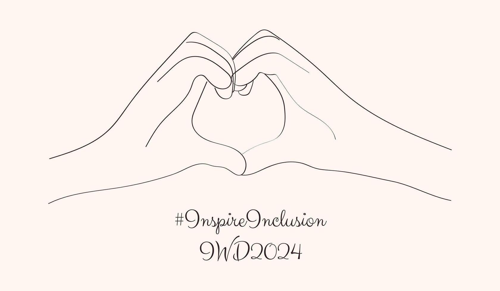 One line drawing Hands in shape of love Heart. Minimalist hand drawn banner Inspire Inclusion 2024 move. Happy International Women's Day in outline style. IWD2024 simple doodle design. vector