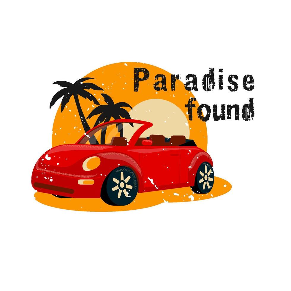 Summer background with auto, sea, beach, palm trees. Paradise found. Rest and relaxation. Vacation, tourism, summer trip, vacation. Vector illustration