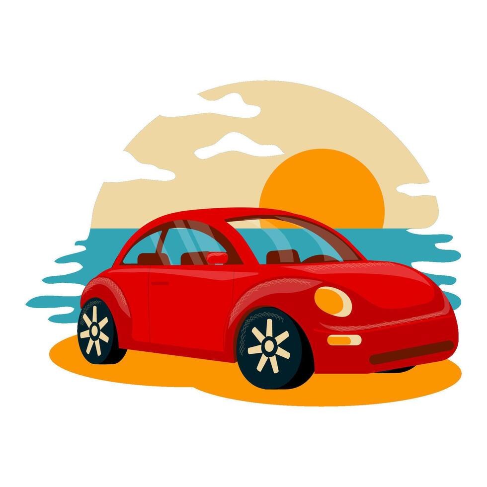 Summer background with auto, sea, beach. Concept of beach vacation. Rest and relaxation. Vacation, tourism, summer trip, vacation. Vector illustration