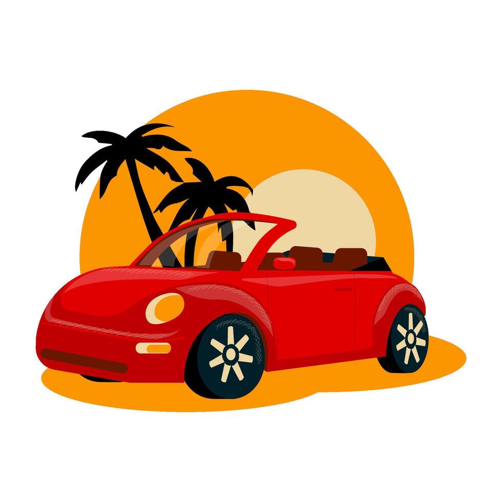 Summer background with auto, sea, beach, palm trees. Rest and relaxation. Vacation, tourism, summer trip, vacation. vector