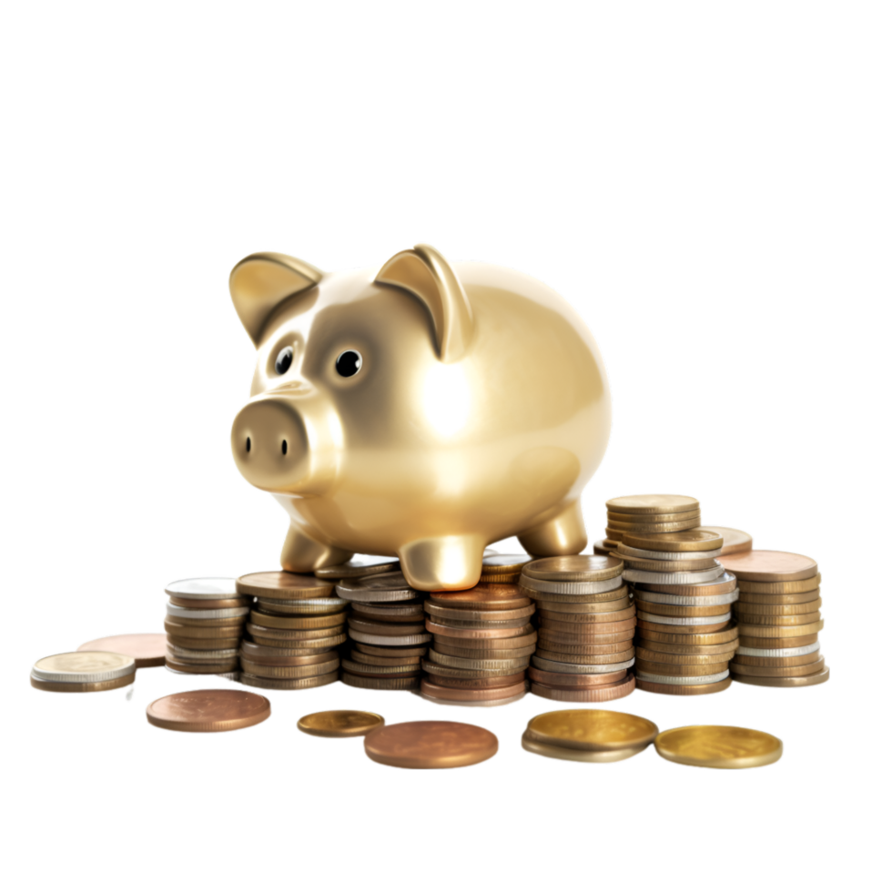 AI generated a piggy bank with coins on a transparent background png