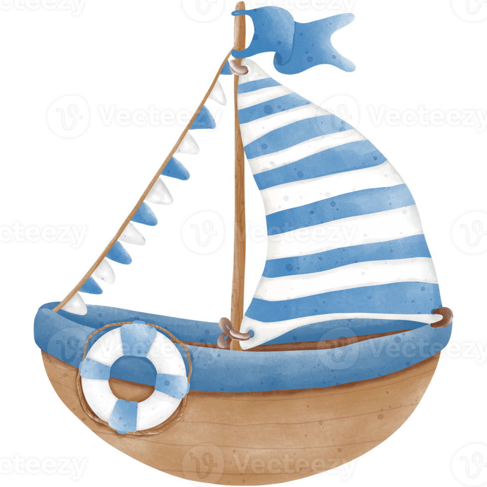 azul listrado desenho animado barco a vela ilustração png