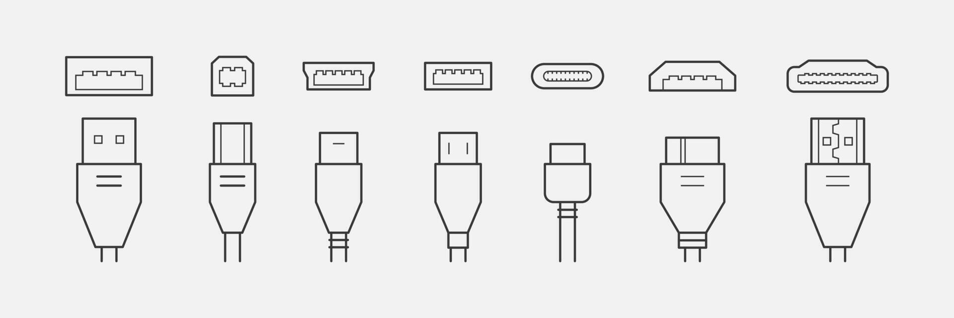 Cable connectors and plugs line icons set . USB, HDMI, ethernet icon set. Mini, micro, lightning, type A, B, C connectors. Vector illustration white background