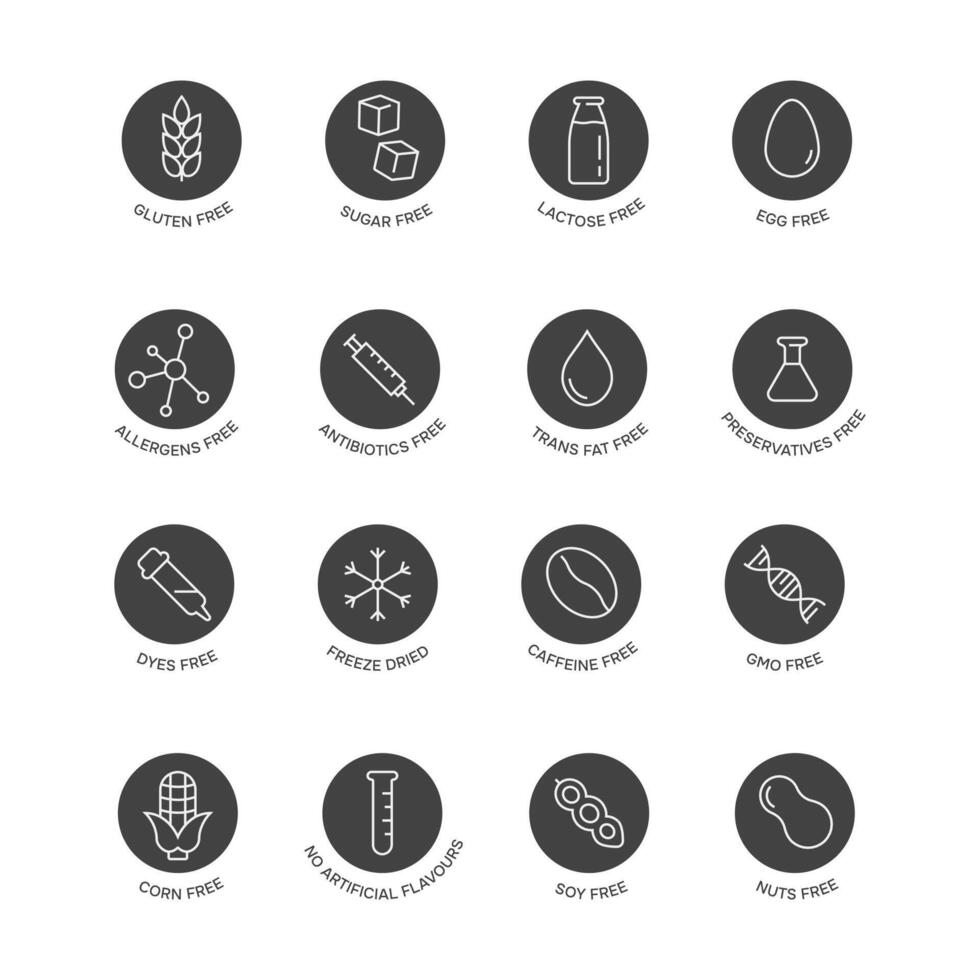 Allergen free. Black icons set, thin line. Lactose free, gluten free, sugar free signs. Vector illustration