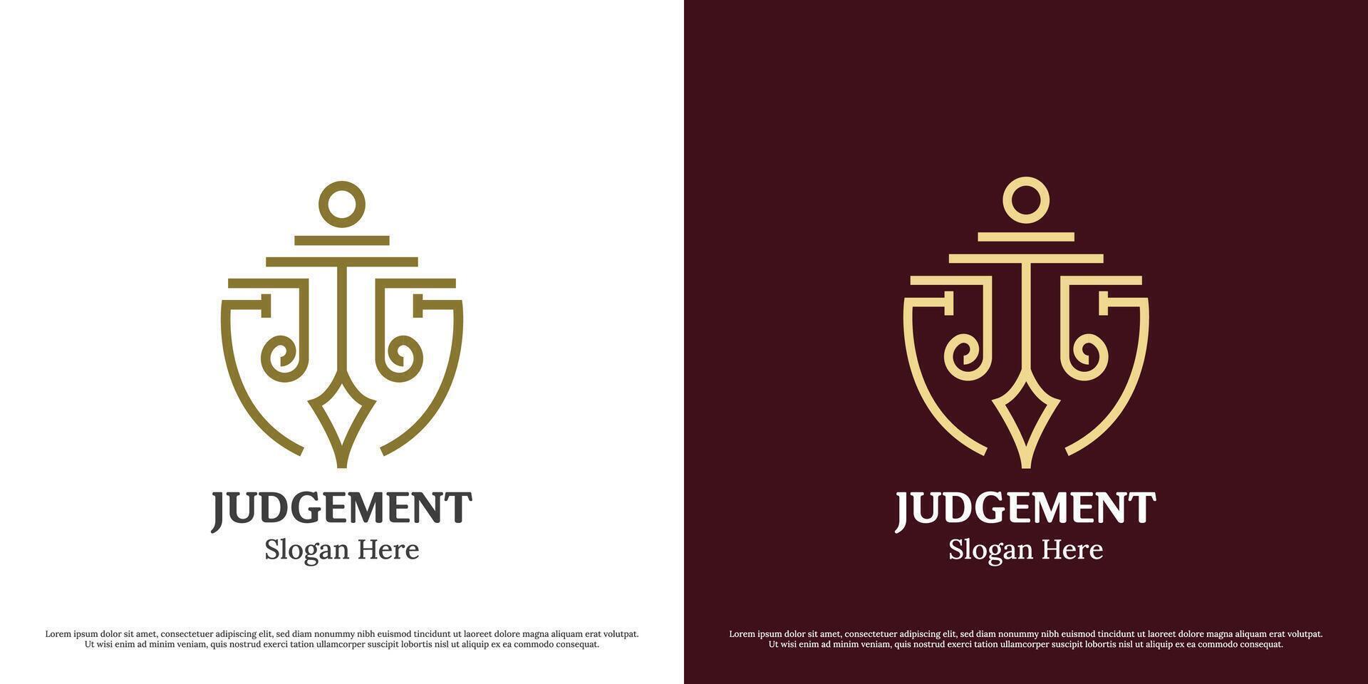 Law shield logo design illustration. Silhouette judge law firm regulations law firm advocate attorney court scales barrier shield armor badge. Bold icon symbol loud minimal minimalist elegant simple. vector