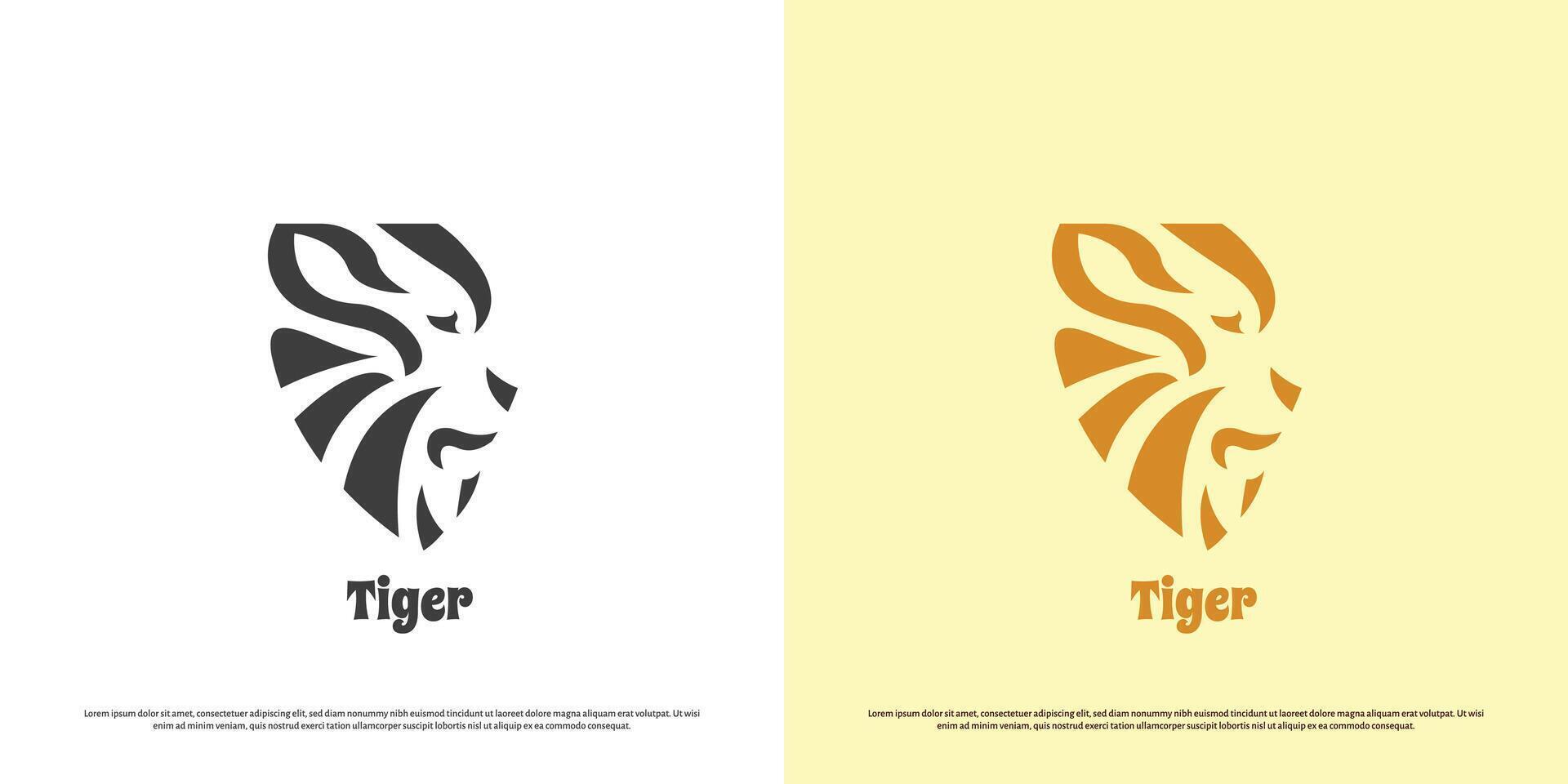 Tiger head logo design illustration. Silhouette shadow animal face shape tiger howling forest wild zoo badge emblem african brand carnivore fang. Abstract geometric minimal simple flat icon symbol. vector