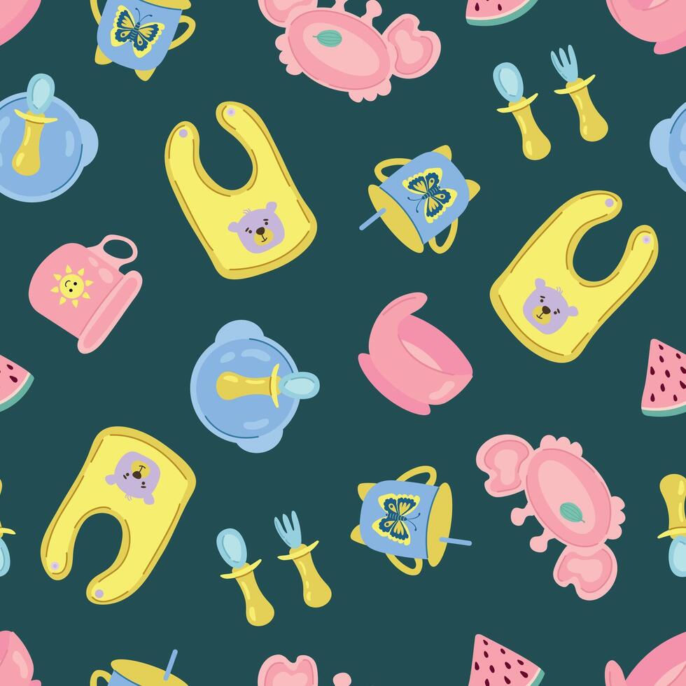 Seamless pattern with children's dishes. Design for fabric, textiles, wallpaper, packaging. vector