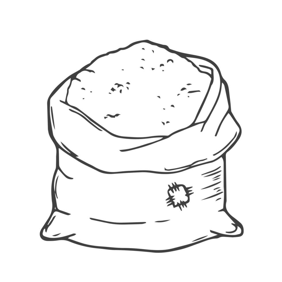 Sack with whole flour or sugar with scoop. Hand drawn sketch style. Vintage black vector engraving illustration for label, web, flayer bakery shop. Isolated on white background.