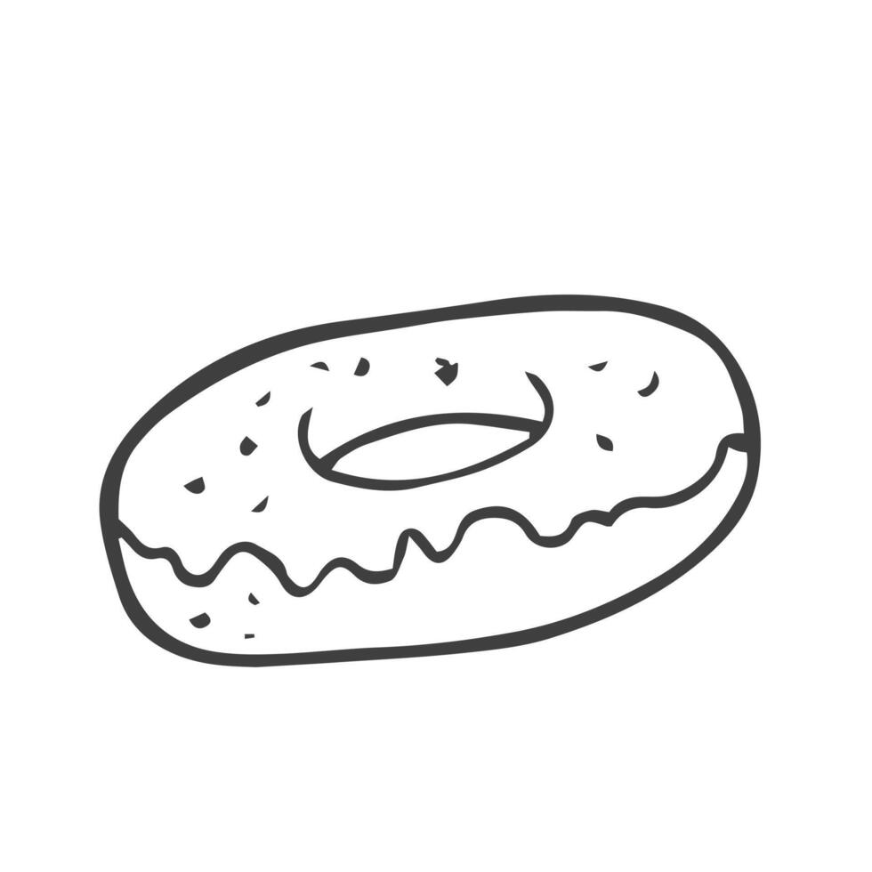 Donut doodle icon, vector doodle illustration of a doughnut with icing and sprinkles, sweet bakery product for a snack and breakfast, isolated outline clipart