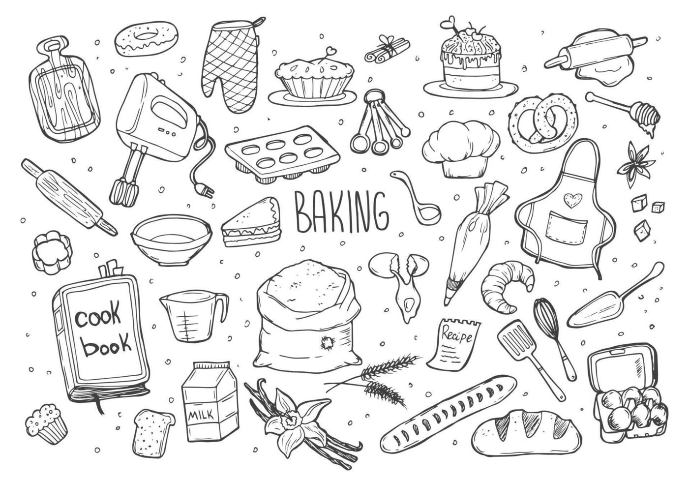 Baking doodles set. Bakery, confectionery and pastry stuff, tools, utensils, equipment and cooking ingredients. Freehand vector drawings isolated on white background
