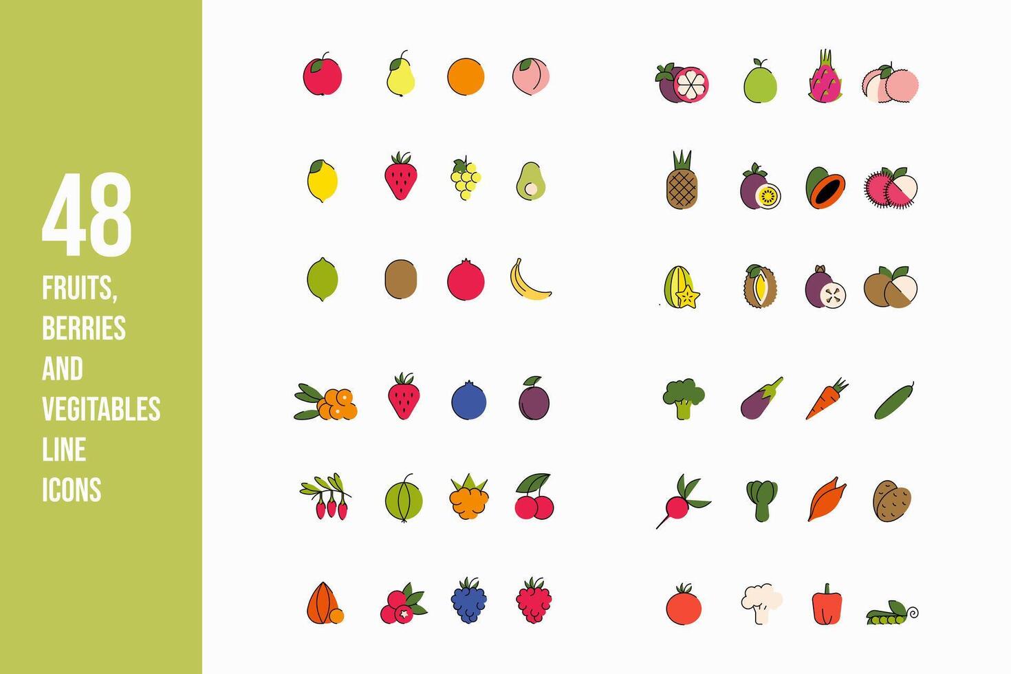 Editable stroke thin line food icons for web and app. Fruits, berries and vegetables icon set. Flat simple colorful food vector illustrations.