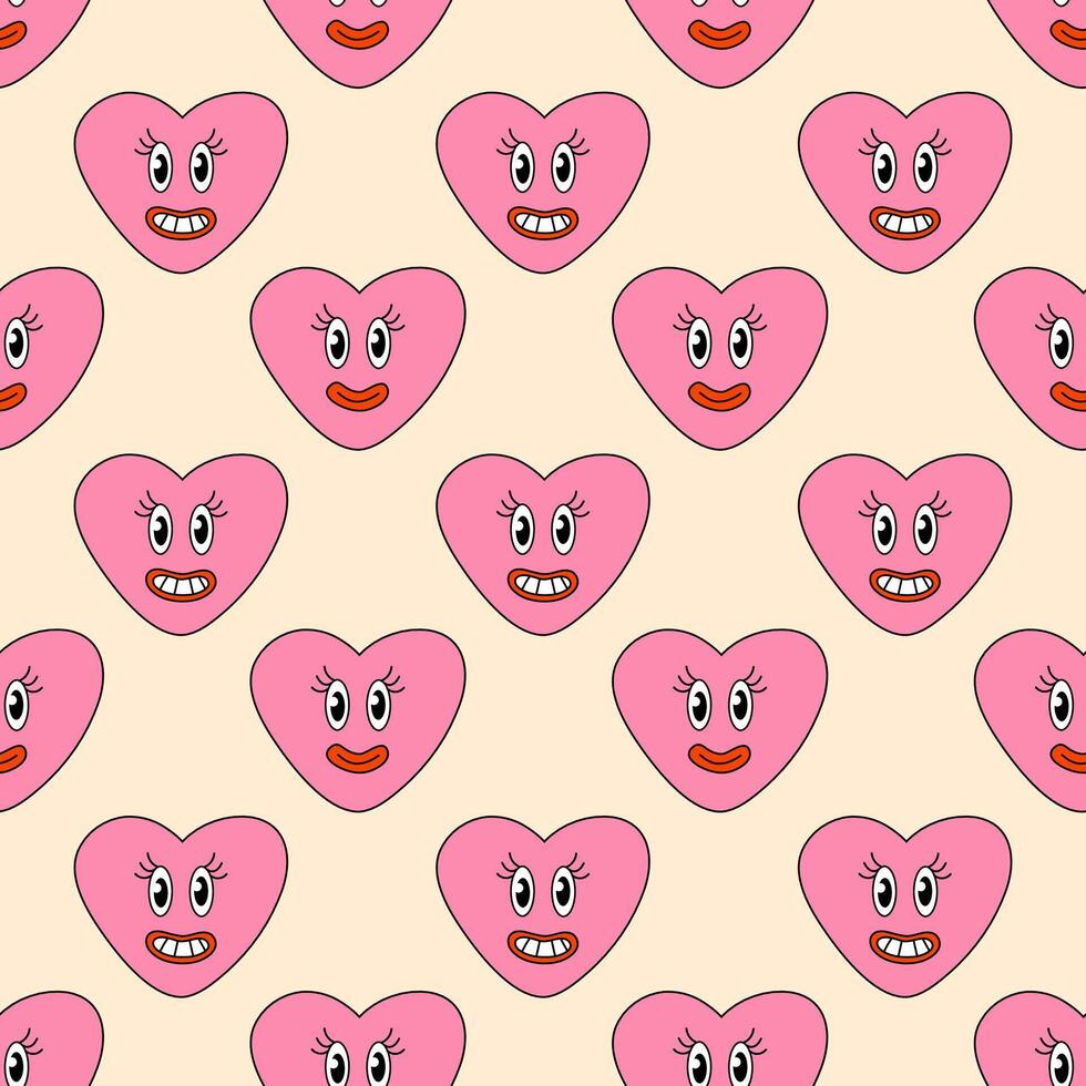 Seamless Pattern with Heart Girl Pink Smile Character for Valentine Day. Mascot in groovy and Y2k style. Vector cartoon illustration.