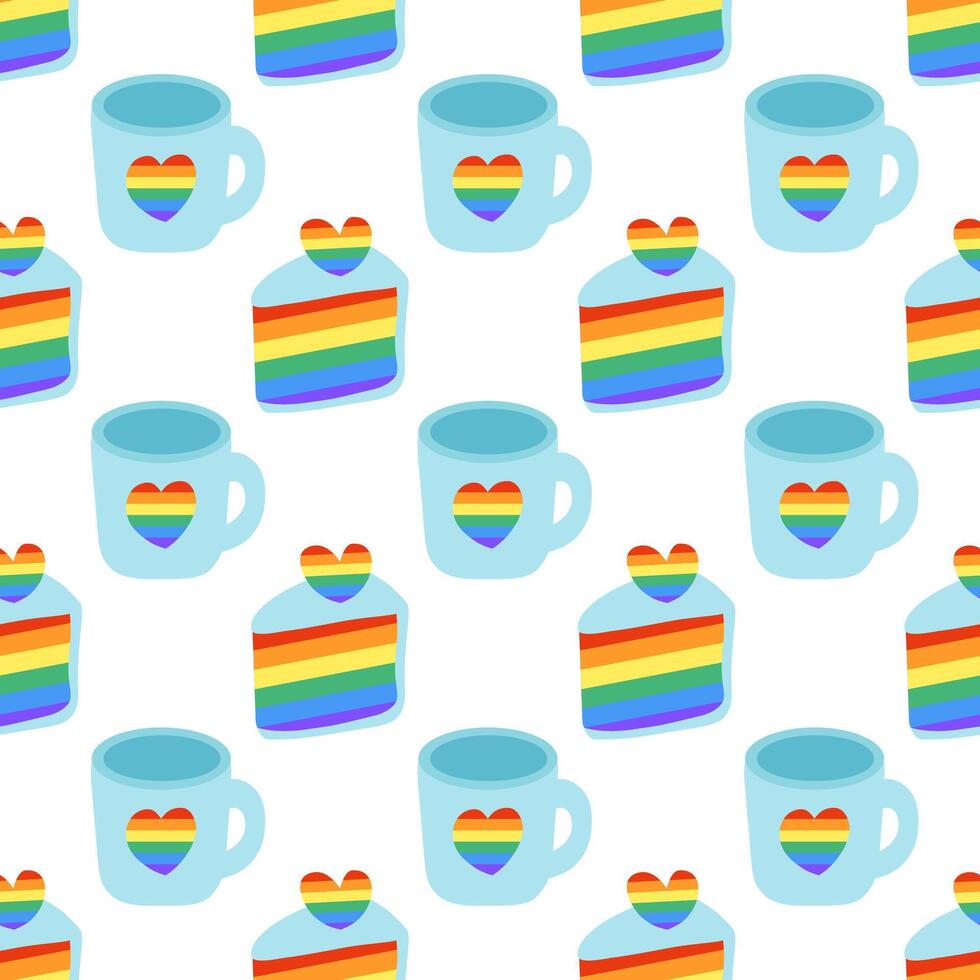 Seamless Pattern with LGBT Cute Cup with rainbow heart and Cake slice. LGBTQ background. Symbol of the LGBT pride community. Flat vector illustration.