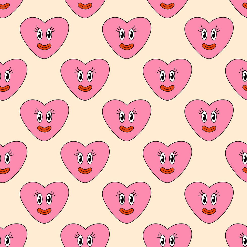 Seamless Pattern with Heart Girl Pink Smile Character for Valentine Day. Mascot in groovy and Y2k style. Vector cartoon illustration.