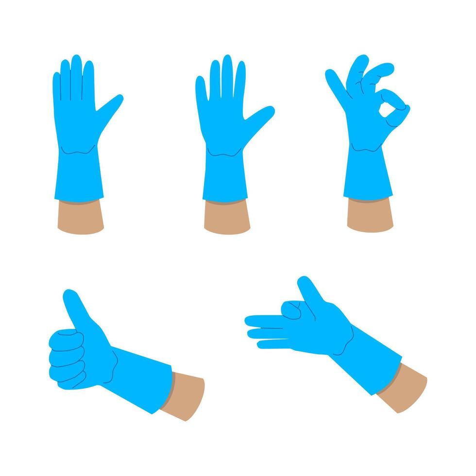 Vector hands in protective blue gloves on a white background.