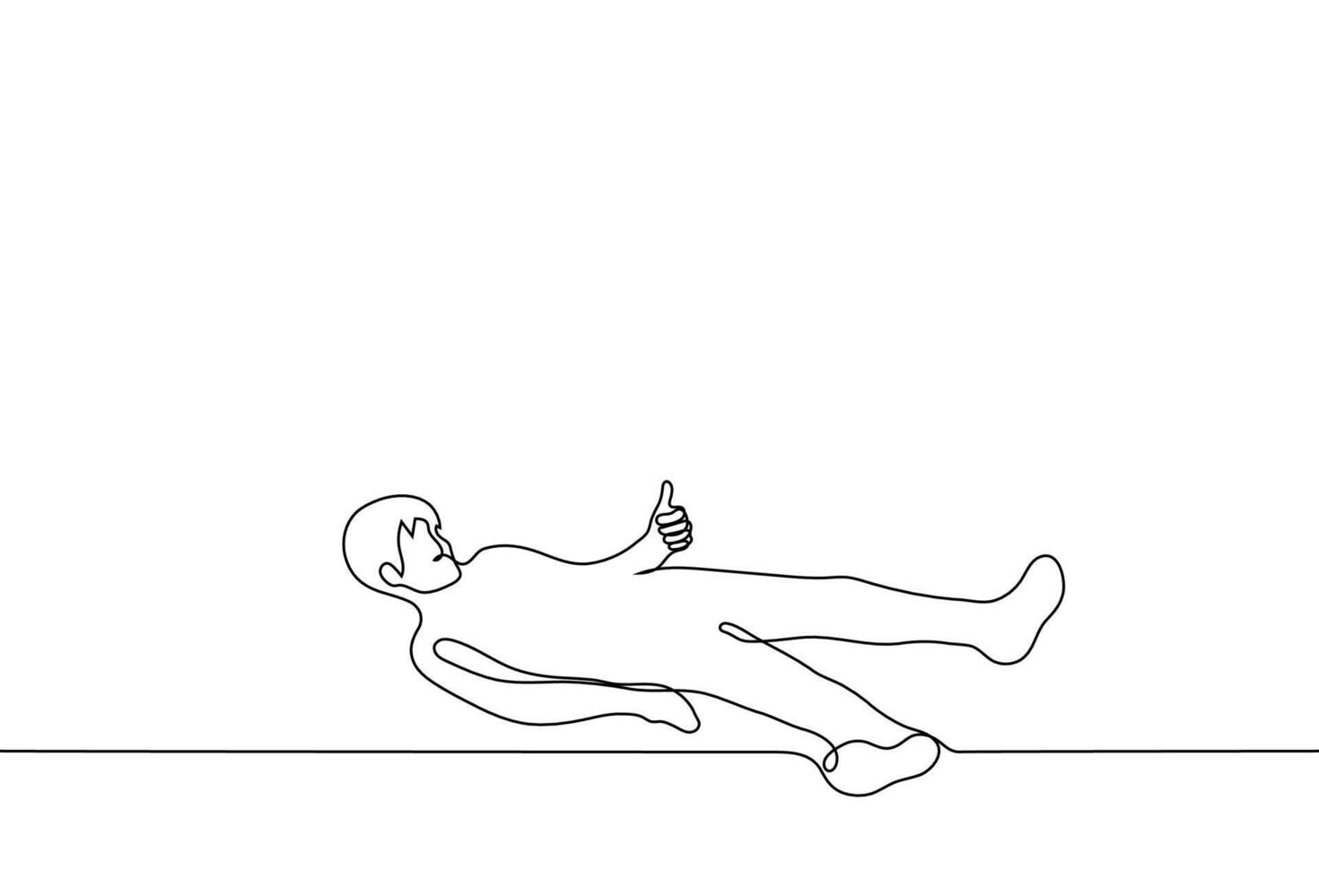 lying man showing thumbs up - one line drawing vector. concept positivity in a desperate situation, tired but motivated vector