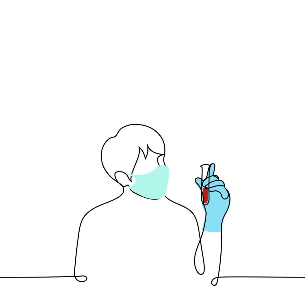 male laboratory assistant in a protective mask and gloves holds a test tube with blood - one line drawing vector. concept the concept of taking blood for tests, making a vaccine vector