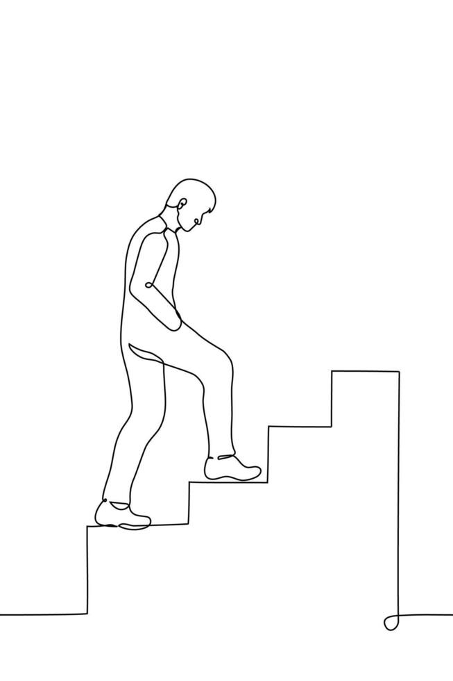 man climbs steep stairs - one line drawing. concept career ladder, path to success vector