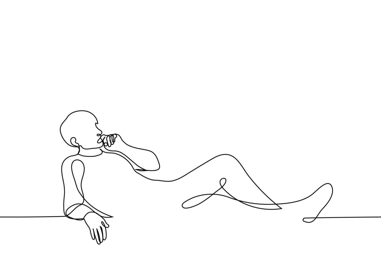 man lies relaxed watching something - one line drawing vector. concept horizontal full length male portrait vector