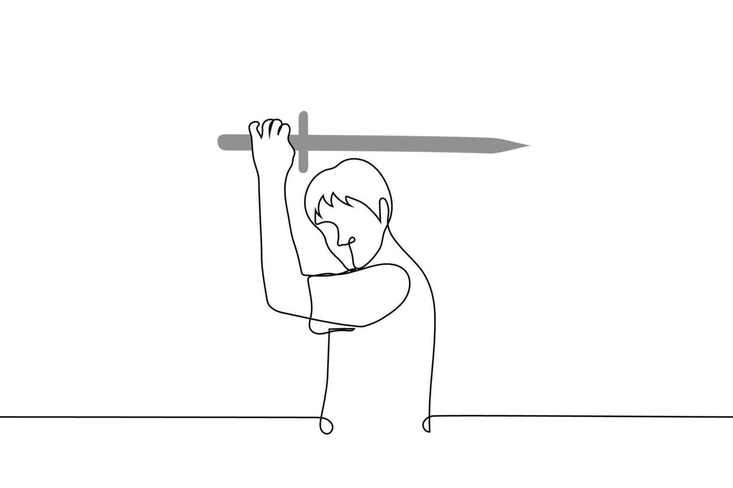 man holding a sword above his head ready to fight - one line drawing. concept armed fighter in combat stance, vintage weapon, cosplayer vector