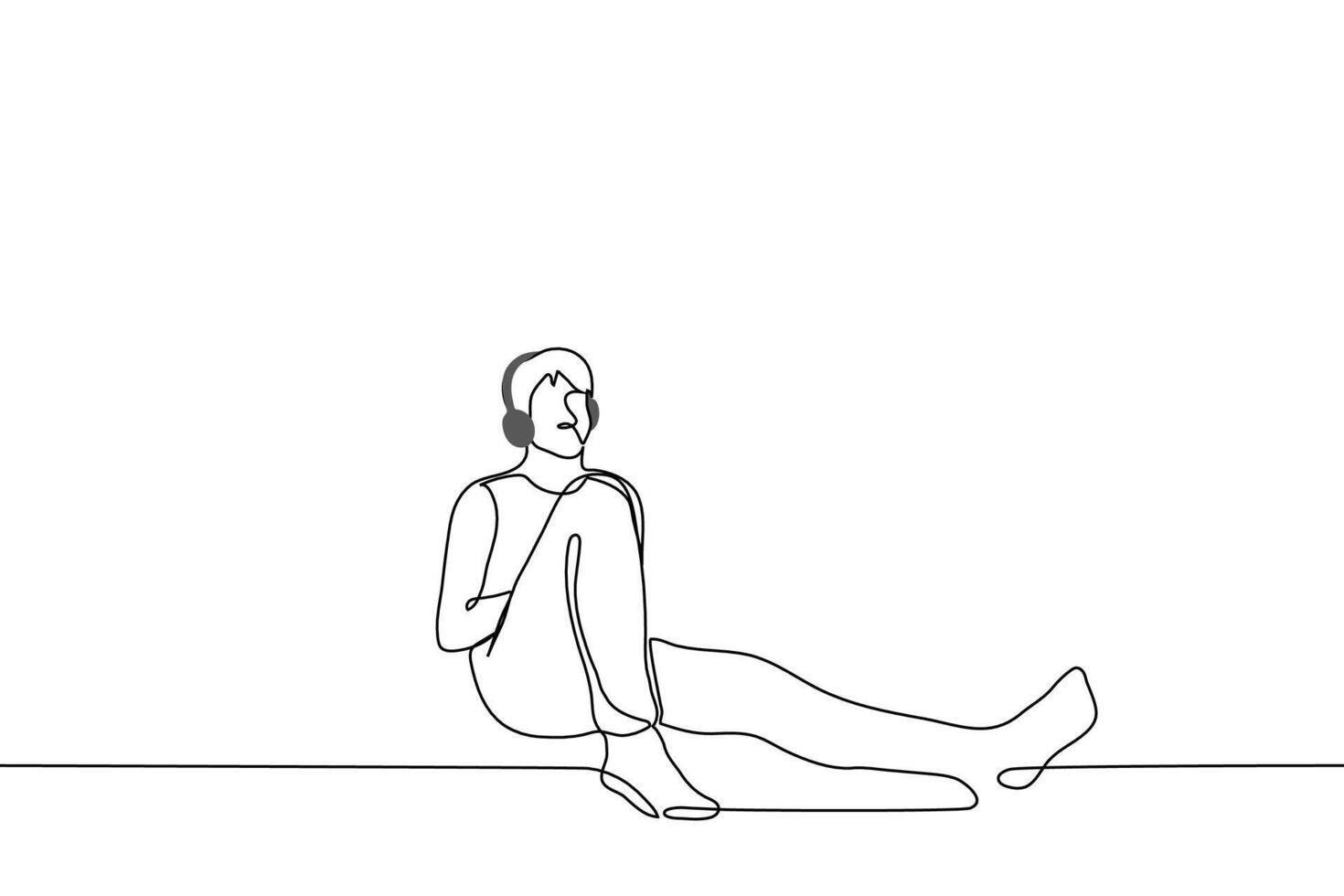 man in overhead headphones sits leaning against the wall - one line drawing vector. concept listening to music alone vector