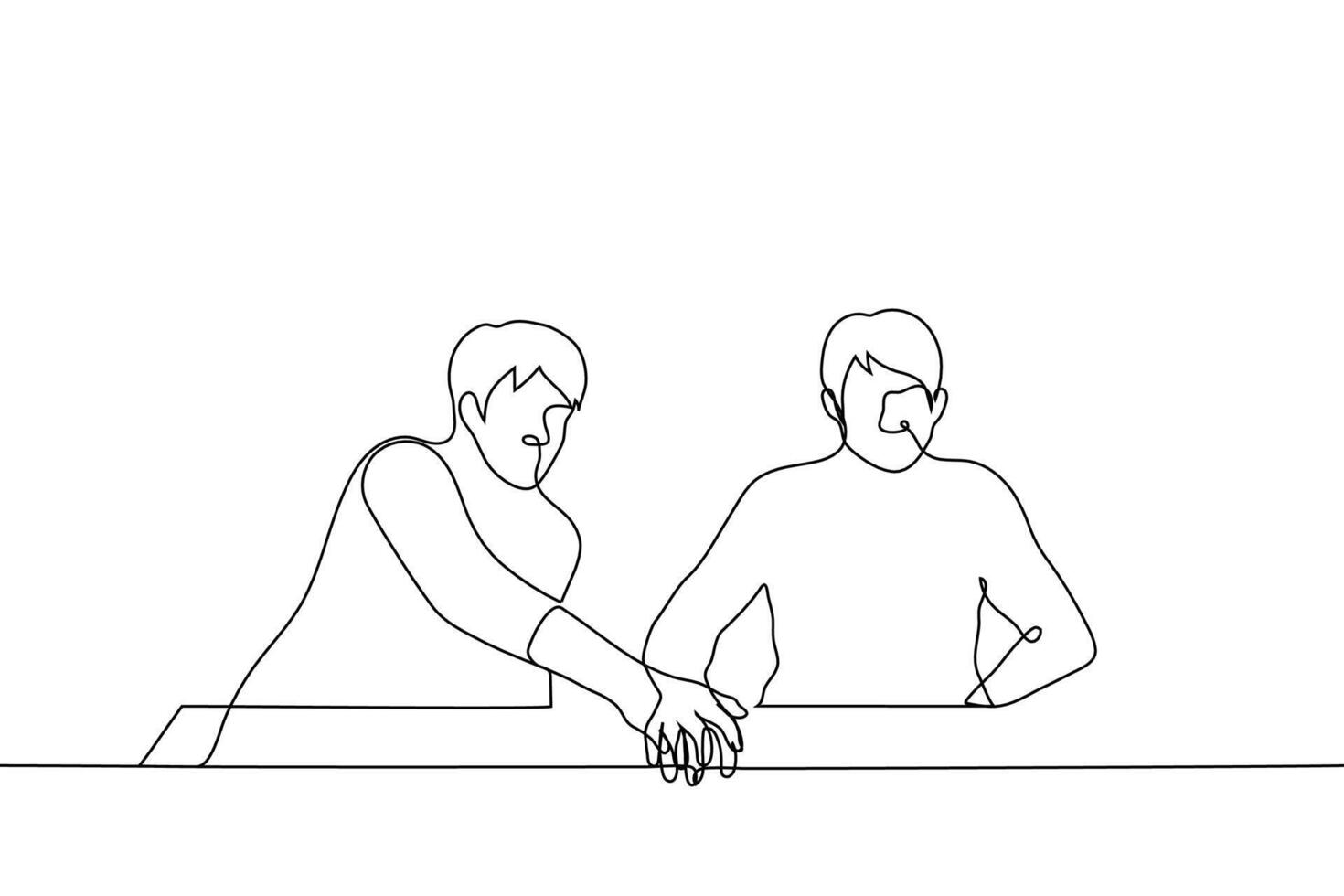 man put his hand on another man's hand - one line drawing vector concept comfort, skinship, gay flirting