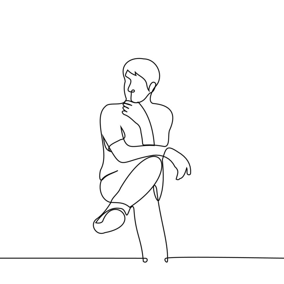 man sits on a chair with his foot on leg and his hand props up chin with his hand - one line drawing vector. concept sit thoughtfully vector