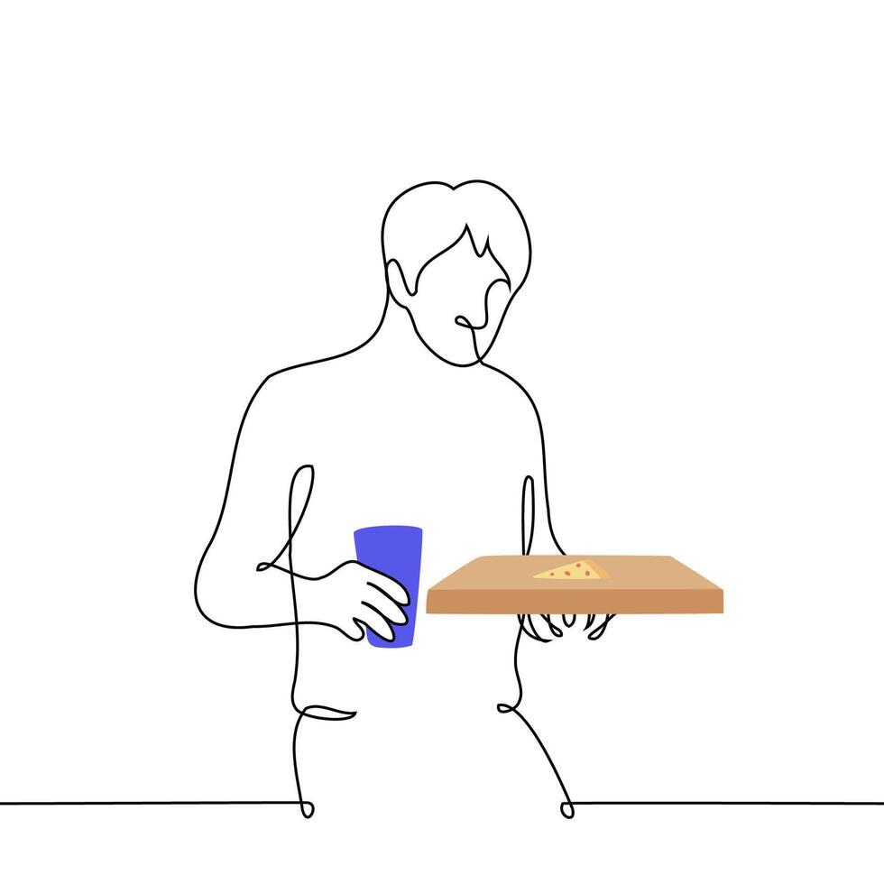 man carries in his hands a soda in a disposable cup and a box of pizza - one line drawing. concept eating pizza alone vector