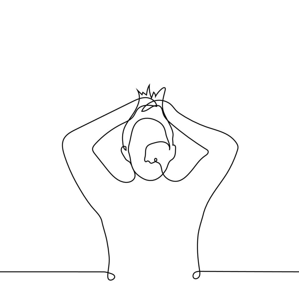 man collects his hair up to the top of his head - one line drawing vector. the vector