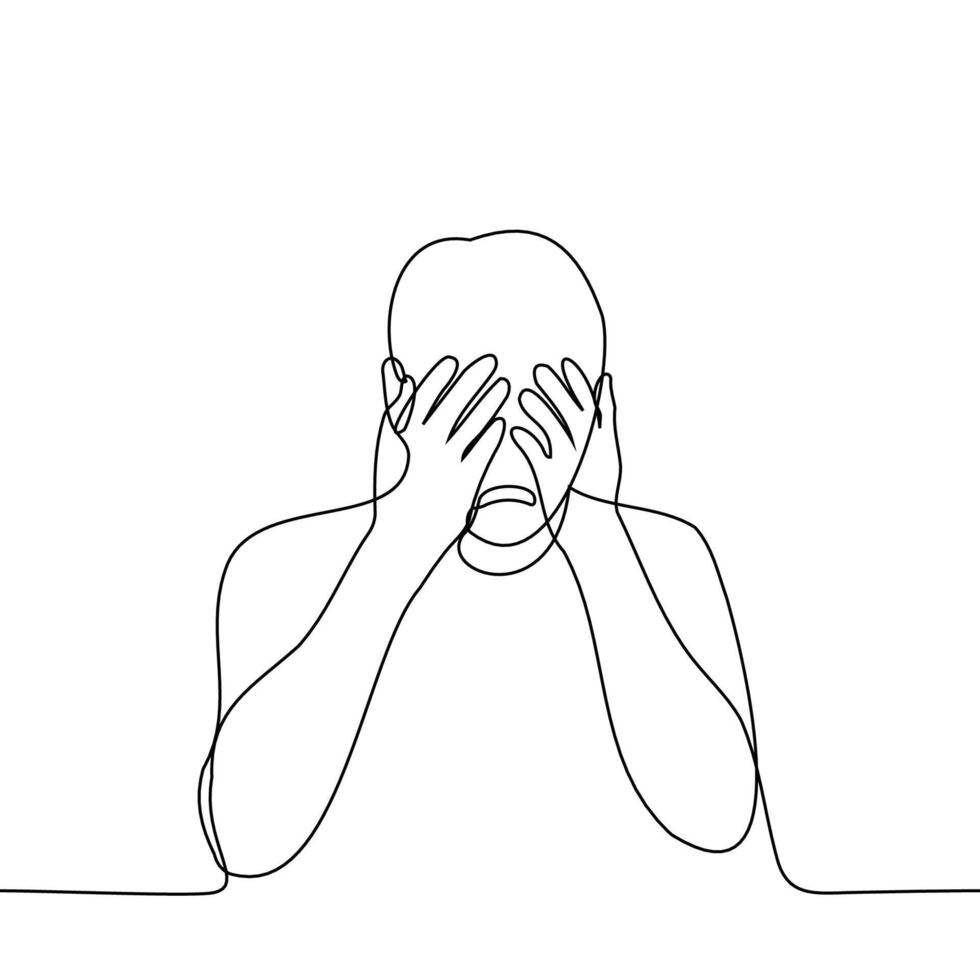 man crying covering his face with his hands - one line drawing vector. concept sobs, men's tears, hysteria, despair vector