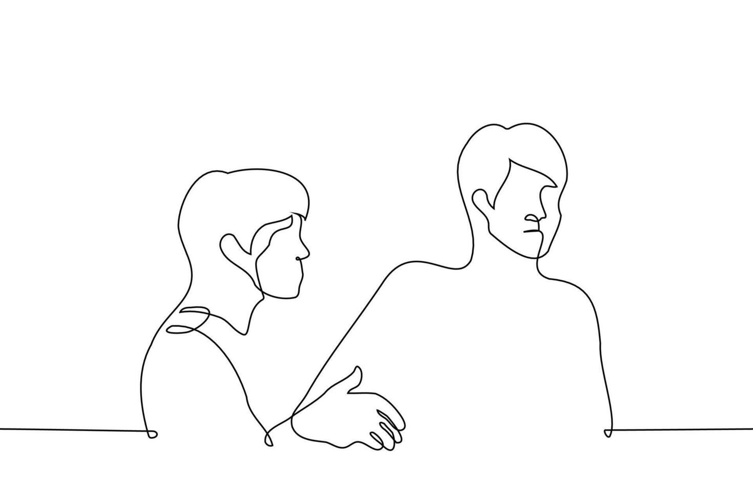 man grabs a friend by the hand and pulls him to him but the other doesn't like it - one line drawing vector. concept obsession, pushy, extrovert and introvert vector