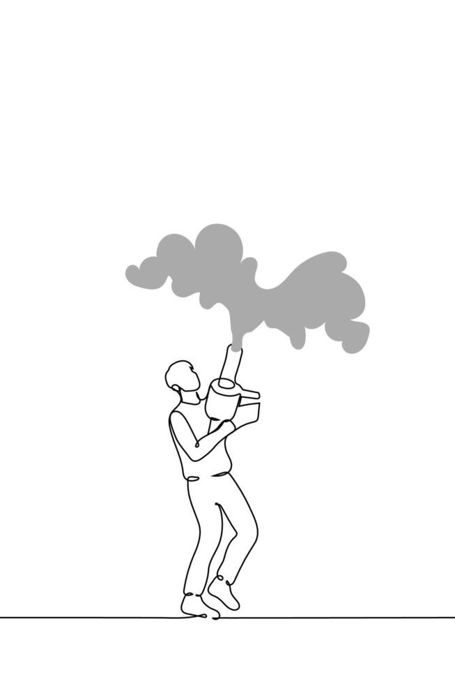 man is holding a smoke gun from which thick smoke comes out - one line drawing vector. vertical illustration with smoke cannon vector