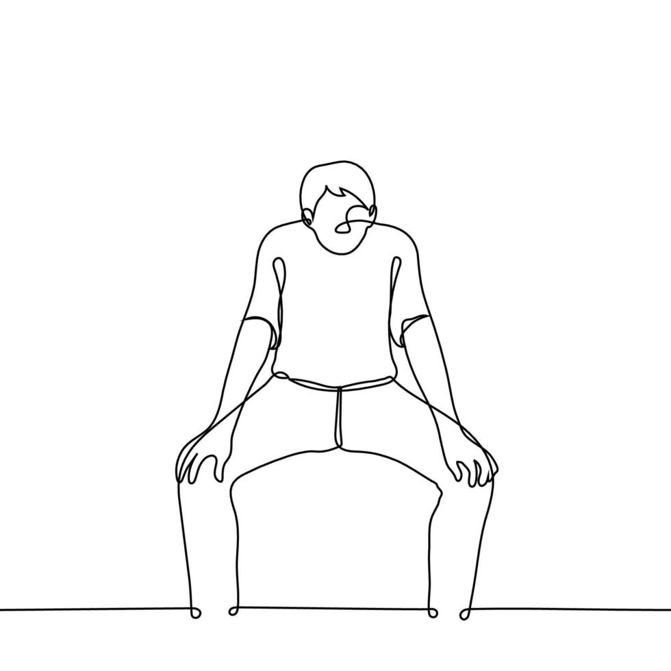 man squat with legs wide apart resting on knees with palms - one line drawing vector. concept crouch down to see, stretching or warming up for leg muscles vector