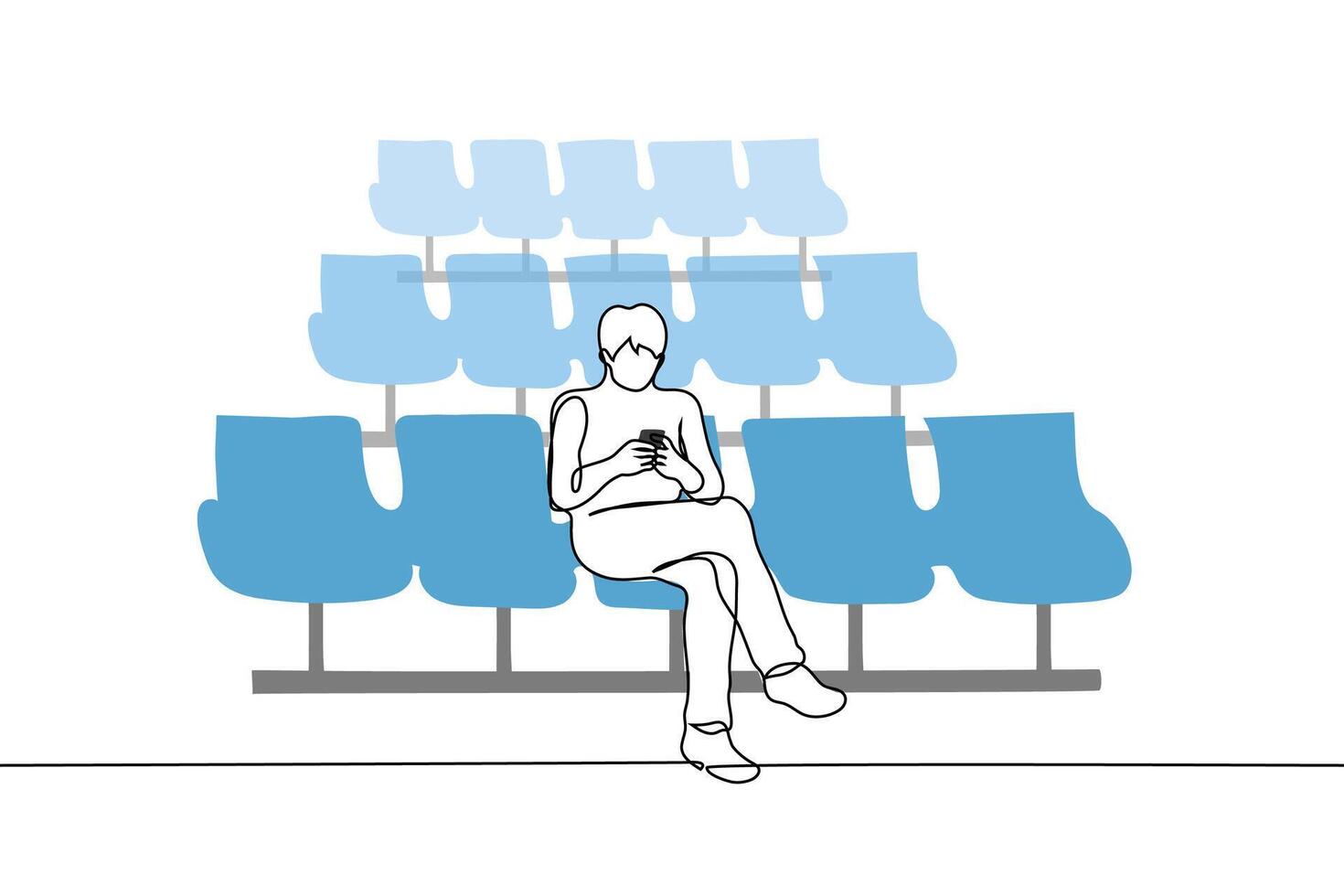 one single man sitting in the waiting room staring at the phone screen with his foot on the leg - one line drawing vector. concept of a late passenger, a delayed flight, a late unpopular flight vector