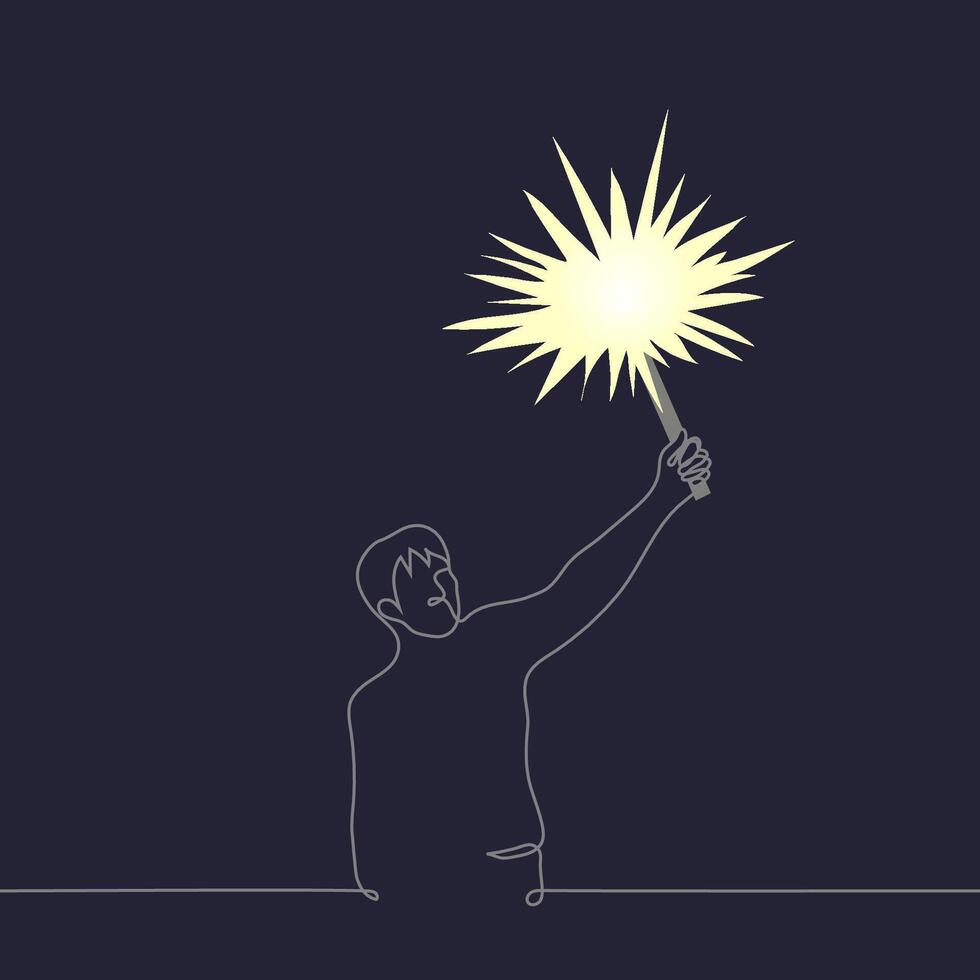 man holding a stick with sparkling fire in his hands - one line drawing vector. concept signal torch, lighting vector