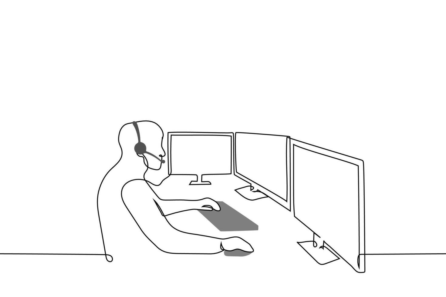 man sitting in front of multiple monitors and wearing headphones with microphone - one line drawing vector. concept call center worker, security guard, freelancer at work vector