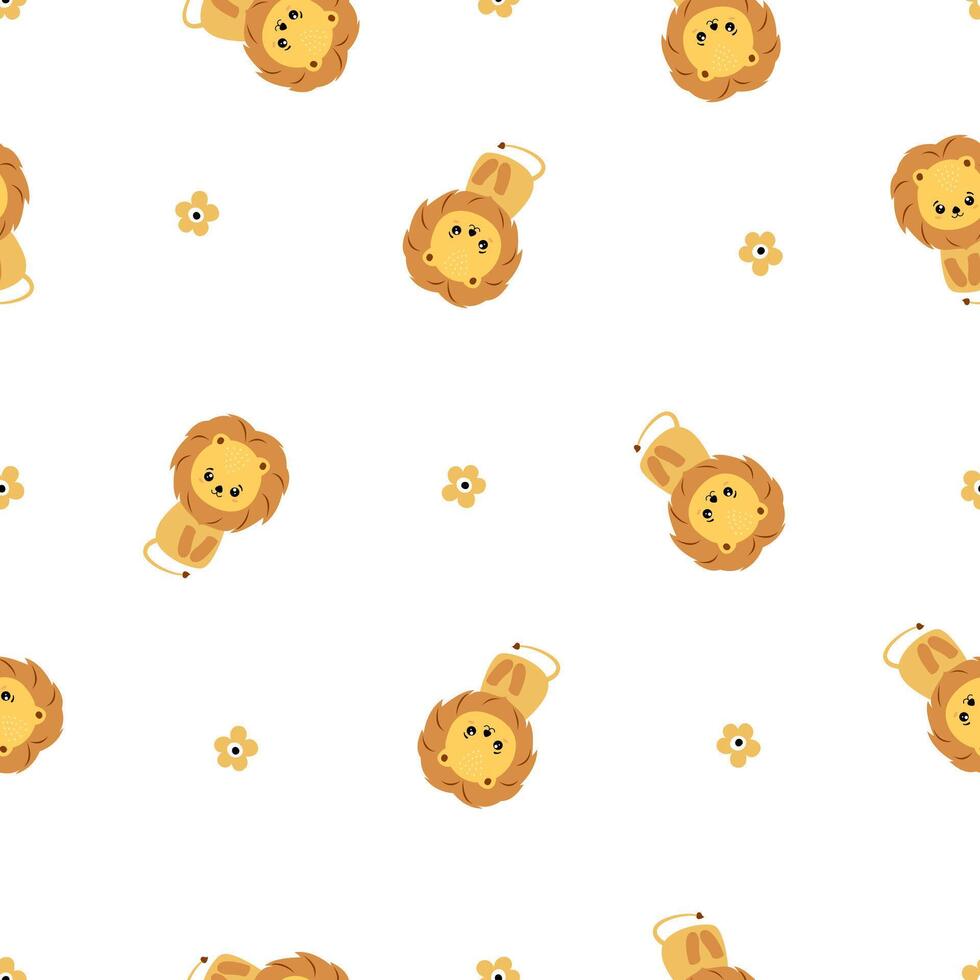 Seamless childish pattern with little lion and flower vector
