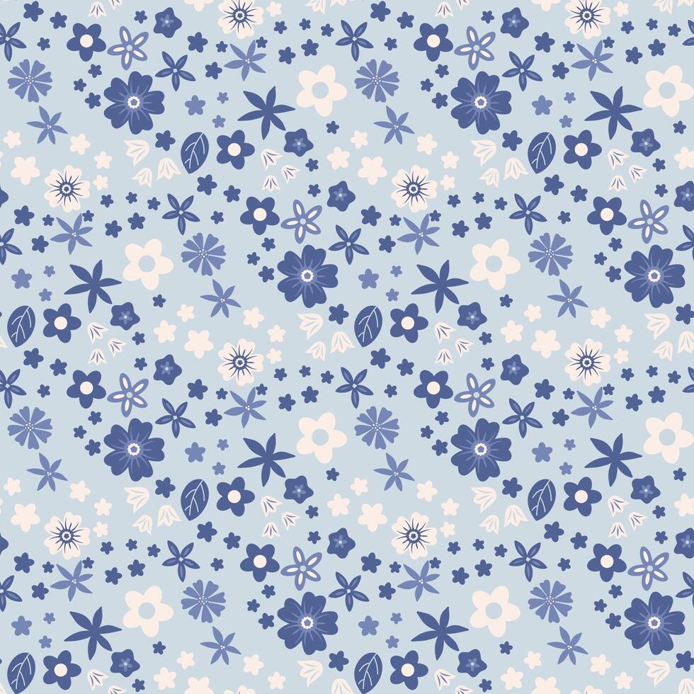 Vector seamless pattern with blue simple flowers.