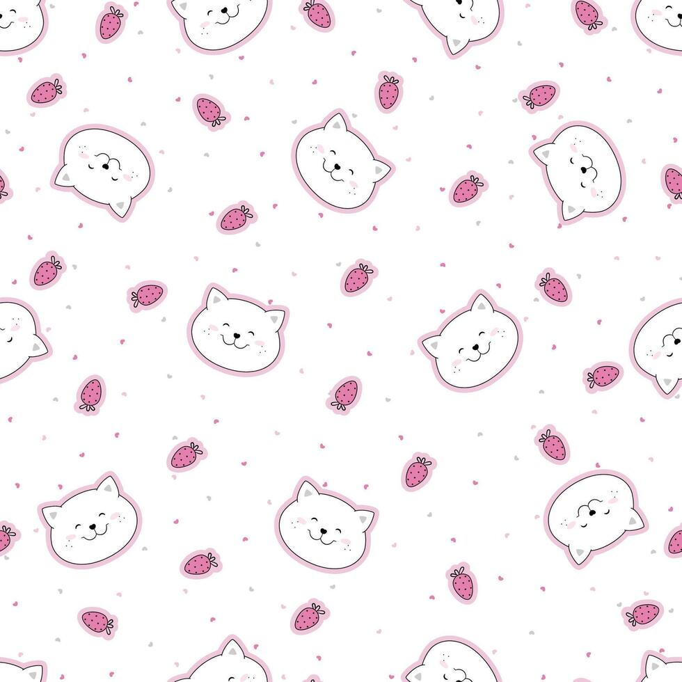 Seamless funny pattern with funny head cats and strawberry. vector