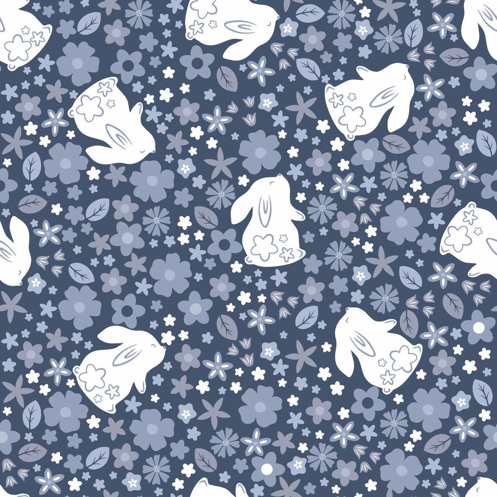 Seamless pattern of cute rabbit on colorful flower vector
