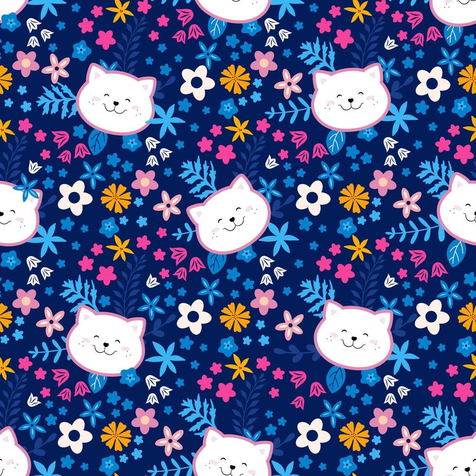 Vector seamless pattern with cute funny cats in cartoon style. Ideal kids design, for fabric, wrapping, textile, wallpaper, apparel